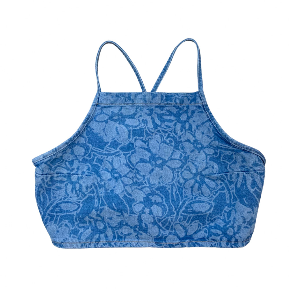 2/$30 Floral Lace Up Blue Denim Jean Sleeveless Halter Top Summer Y2K Hippie 70s